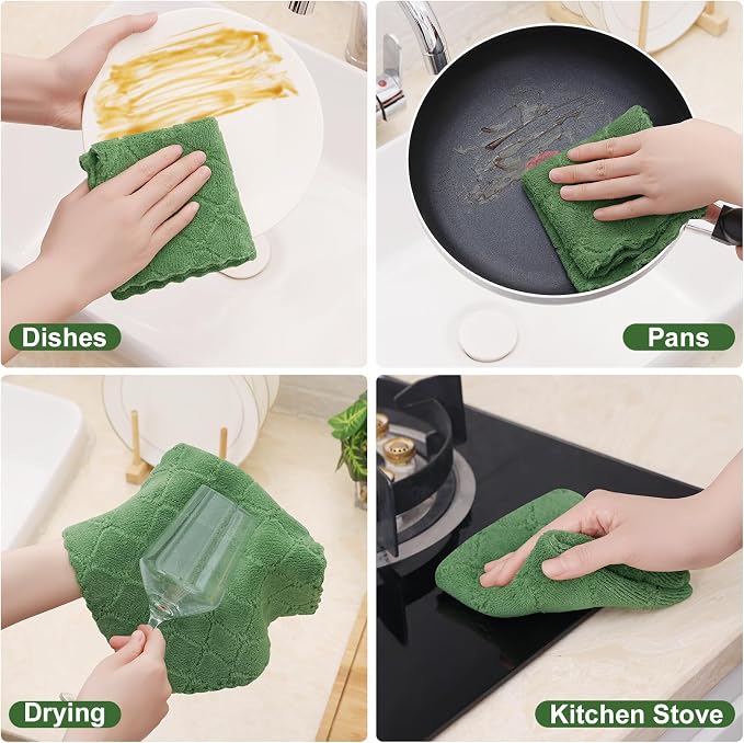 Homaxy 24 Pack Super Soft & Absorbent Dish Cloths, 10" x 10", Grass Green | Coral Velvet, Nonstick Oil Fast Drying Microfiber Cleaning Cloth, No Lint Household Dishcloths