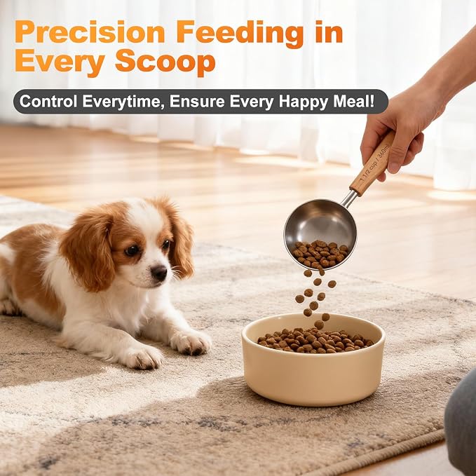2PCS 2Cup(480ml) Dog Cat Food Scoop, Measuring Cup for Pets & Kitchen | 18/8(304) Stainless Steel, Long Wood Handle, Precise for Portion Control, Etched Scale, BPA Free, Dishwasher Safe