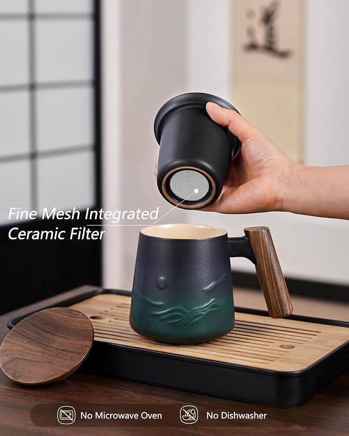 ZENS Tea Infuser Mug with Lid for Loose Tea Steeper, 14.5oz Wooden Handle | Embossed Ceramic Teacup with Strainer for Tea Lovers Gifts, Herbal Tea Diffusers, Effortless Brewing