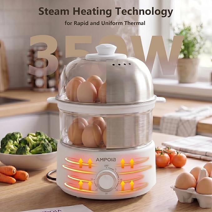 14 Eggs Electric Egg Cooker, 350W Rapid Egg Boiler with 30-Min Timer & Auto Shut-Off, Stainless Steel, Dishwasher Safe for Soft, Medium, Hard Boiled, Steamed Eggs, Vegetables & Seafood, White