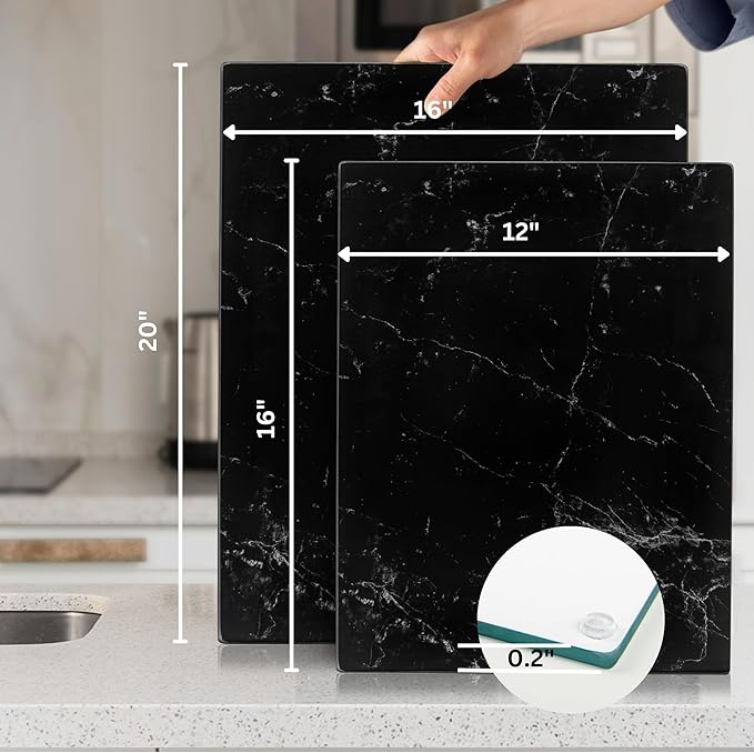 Glass Cutting Board 20”x16”: Tempered Glass Kitchen Counter Protector - Durable- Scratch-Resistant, Heat-Proof - Design 1 - Black Marble Effect