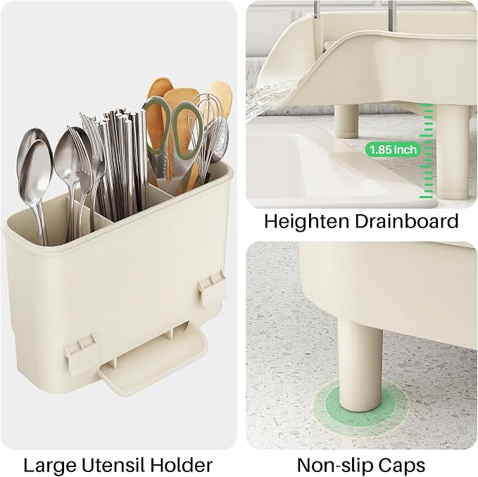SAYZH Expandable Dish Drying Rack for Small Kitchen Counter, Beige | Stainless Steel, Protective Guardrail, Angled Drainboard, Fits High-Rim Sinks, Removable Utensil Holder