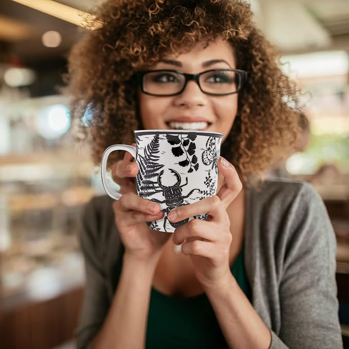 Karma Gifts 14 oz Black and White Boho Mug Beetle - Cute Coffee and Tea Mug - Ceramic Coffee Mugs for Women and Men