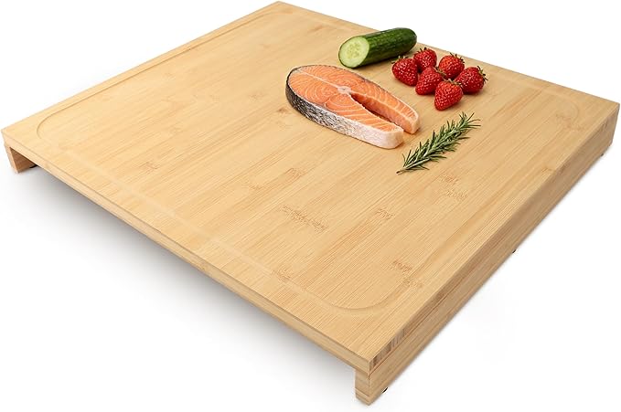 BAMOTTO CRAFTBAMBOO 19.7x22 Inch Large Bamboo Cutting Board Stovetop Cover | 2 Detachable Support Panels | Over Sink Board | Kitchen Countertop Dishwasher Cover | Reversible Juice Grooves | XXL Size
