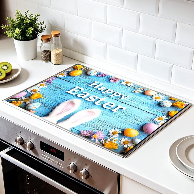 Happy Easter Bunny Ears Blue Wood Stove Top Cover for Electric Stove, Glass Cooktop Protector Mat with Anti-Slip Rubber Base, Scratch-Resistant, Expands Counter Space, Holiday Decor