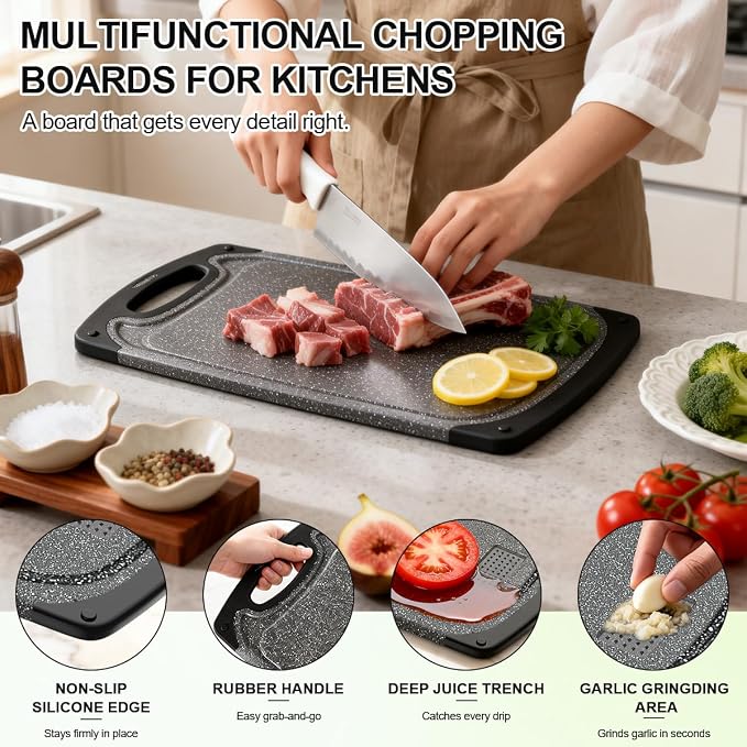 Viretang Extra Large Cutting Boards For Kitchen, 3 Pieces, Dishwasher Safe | Plastic Chopping boards Set with Juice Grooves, Easy Grip Handle, Non-Slip, Grinding Area, XL, Dark Grey, Non BPA