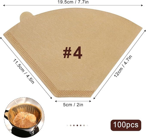 #4 Cone Coffee Filters,4 Coffee Filters Paper fits for Pour Over and Drip Coffee Maker, 8-12 Cup,Natural Unbleached,Chlorine Free (100)