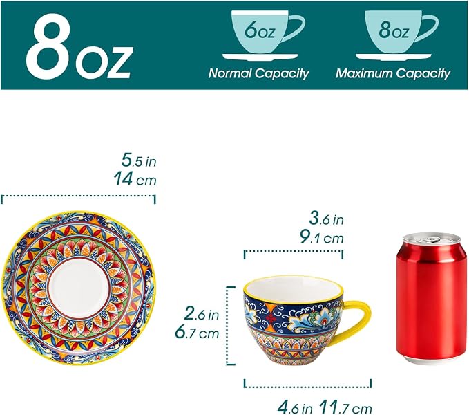 vancasso 8 Oz Cappuccino Cups, Porcelain Tea Cups and Saucers Set of 6 | Bohemian Cappuccino Mugs,Perfect for Latte, Tea and Espresso, Microwave and Dishwasher Safe,Lead-Free and Non-Toxic