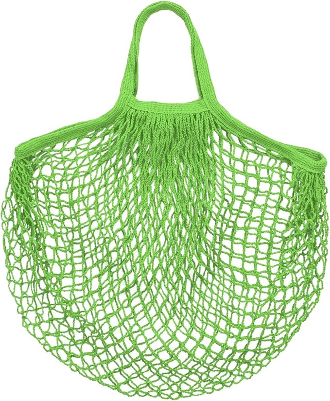 M METERXITY 1-Pack Cotton Mesh Bag, Reusable Washable Mesh Net String Grocery Bags, Reusable Produce Bags with Handle, Net Tote Bag for Fruits/Vegetables Shopping [Green, Short Handle]