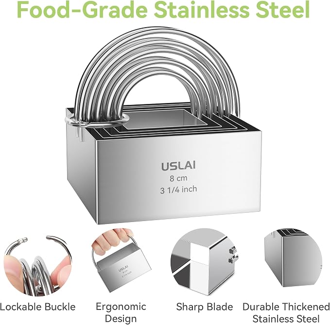 USLAI Biscuit Cutter Set (1.75, 2, 2.5, 2.75, 3.25 Inch) | Food-Grade Stainless Steel, Fluted Cookie Cutter with Handle, Professional Kitchen Baking Dough Tools