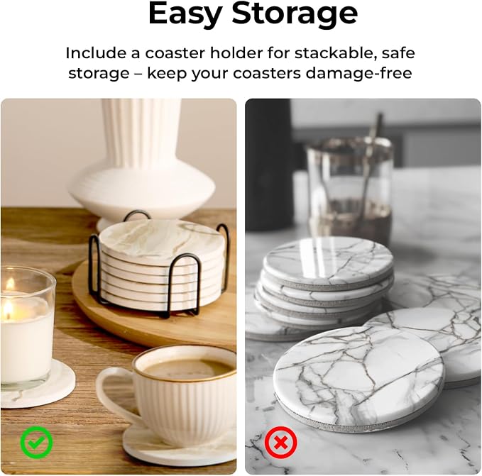 LlFVER Coasters Set of 8, Absorbent Drink Coaster with Holder, Marble Style Ceramic Stone Coasters for Drinks Coffee Tabletop Protection, Modern Furniture Coaster for Home Decor House Warming Gifts