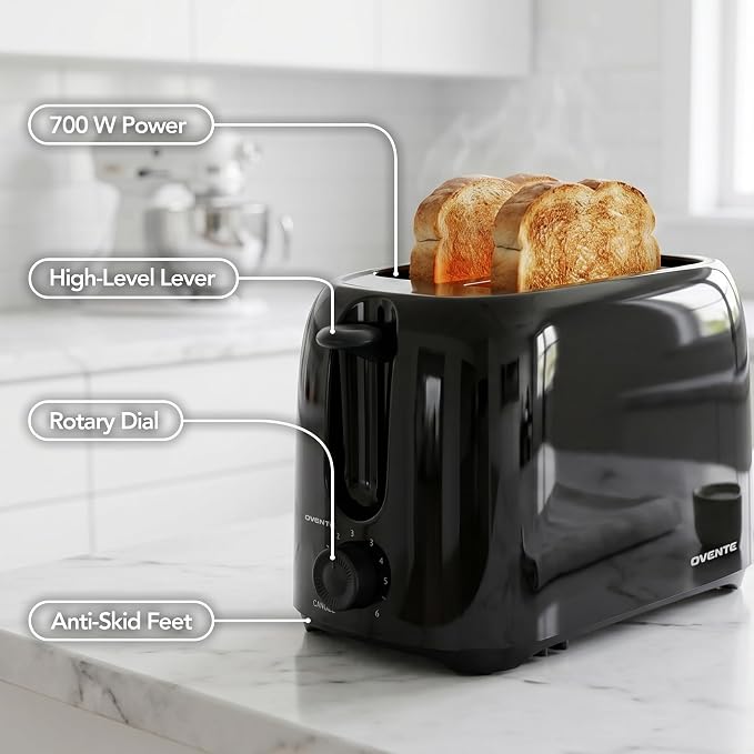 OVENTE Electric 2 Slice Toaster Machine 6-Shade Setting, Black TP2210B | Compact Design and Removable Crumb Tray, 700W Power Perfect for Toasting Bread, Thin Bagels and Waffles