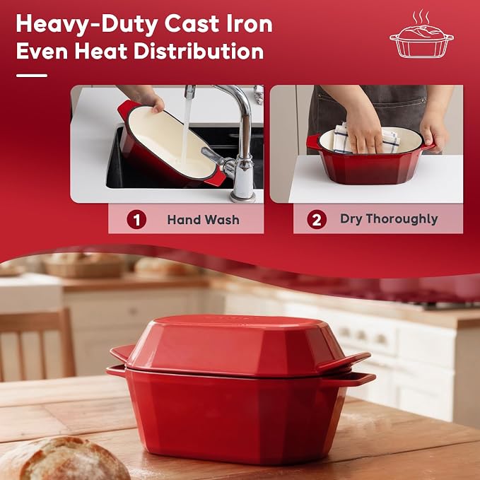 Enameled Cast Iron Sourdough Bread Oven – 3.3QT Dutch Oven for Baking with Lid, Non-Stick Oval Cast Iron Bread Oven for Sourdough-Loaf Cast Iron Bread Pan(Red)