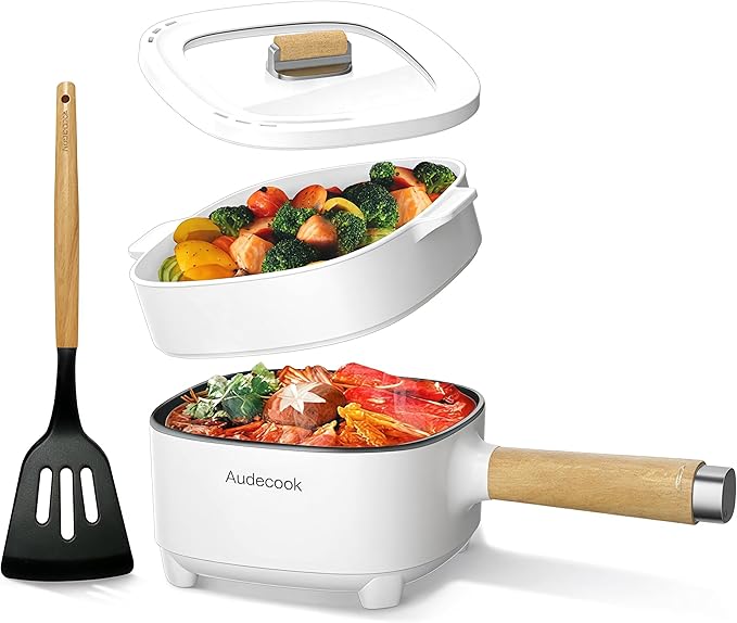 Audecook 2L Electric Hot Pot, Non-Stick Ramen Cooker with Cooking Rack | Dual Power Control Electric Pot For Cooking Steak, Egg, Ramen, Oatmeal & Soup | Portable Pot for Dorm, RV, Travel & Camping