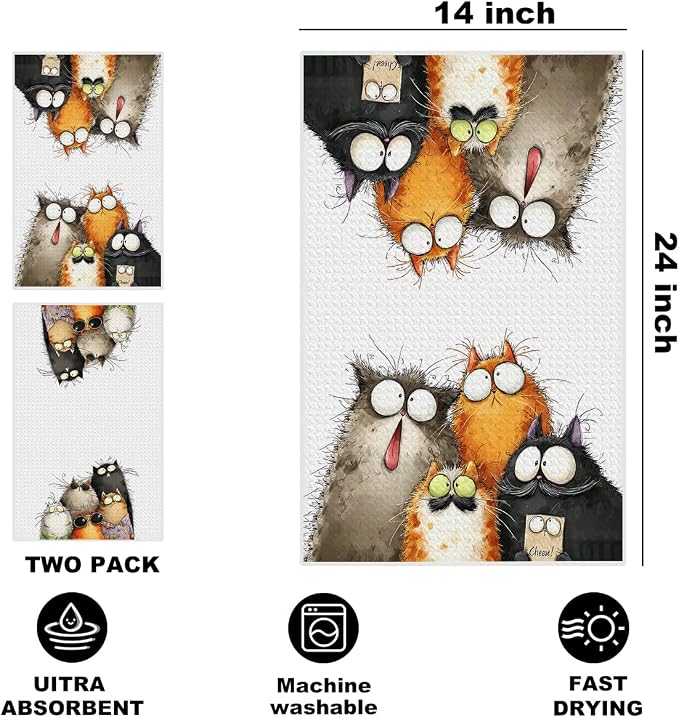 2 Pcs Cute Cat Kitchen Towels, Funny Cats Gifts Absorbent Hand Towels-07 | Cat Dish Cloths for Drying Dishes, Cats Waffle Dish Towels for Kitchen Home Bathroom Decor, Cat Lover Gifts for Women Mom