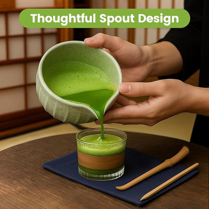 Matcha Whisk Set, Japanese Tea Set (5pcs) includes Matcha Bowl with Spout (19 oz), Bamboo Whisk, Matcha Scoop, Matcha Whisk Holder (Chasen Holder), Stainless Steel Sifter, Macha Kit
