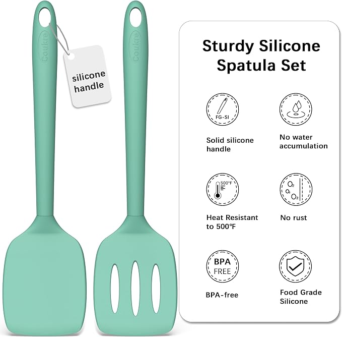 Coukre 2 Pack Silicone Spatula Set,High Heat Resistant, BPA-Free | Dishwasher Safe Kitchen Spatula for Nonstick Pans, Solid & Slotted Turners for Cooking, Sautéing, and Flipping, PureAquaGreen
