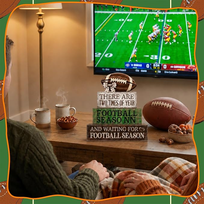 Lineshading 4 Pcs Football Tiered Tray Decor Wood Blocks Stackable Table | Stackable Centerpiece with Quotes, Party Decorations for Game Day Tailgate, Shelf Fireplace Display, Gift for Fans Club