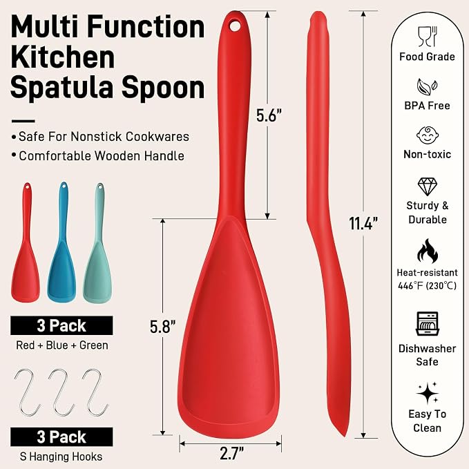 3 PACK Silicone Cooking Spatula & Spoon for Nonstick Cookware, BPA-Free | Multifunction Spoonula for Baking, Cooking, Serving, Mixing, Stirring, Scoop, Scrape - One-Piece Formed, Dishwasher Safe