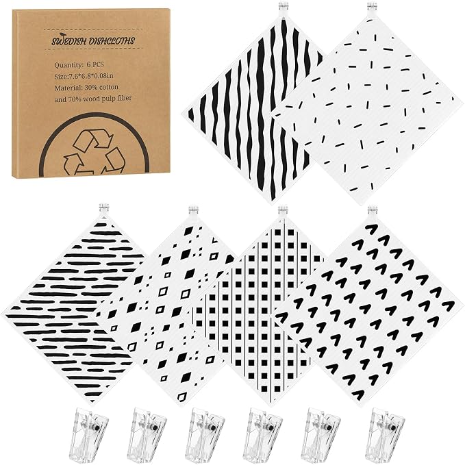 6 Pack Swedish Dishcloths for Kitchen,Swedish Rags Dish Towels with Clips | Reusable Paper Towels Washable Absorbent Cellulose Sponge Cloths No Odor for Countertop Sink Kitchen