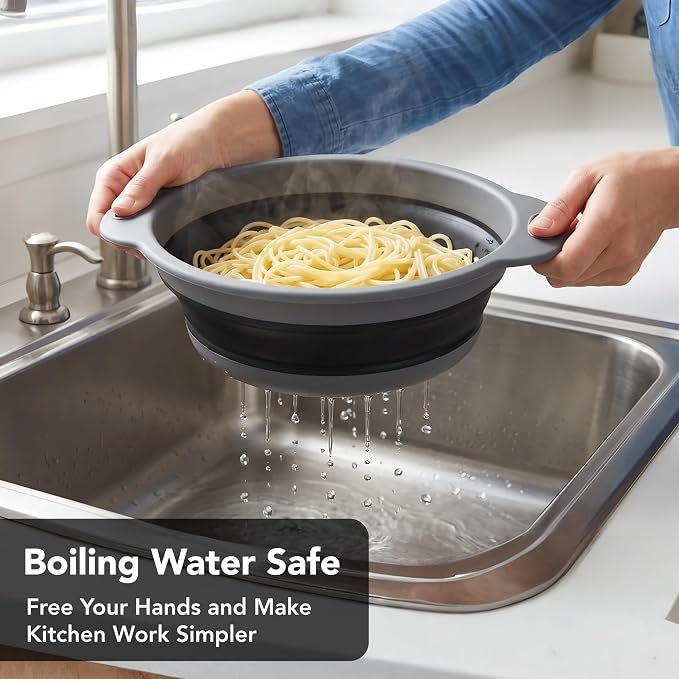 Collapsible Colander Set of 3, Silicone Food Foldable Strainer for Cooking Pasta, Vegetables and Fruit (3QT, 4QT and 5QT), Black