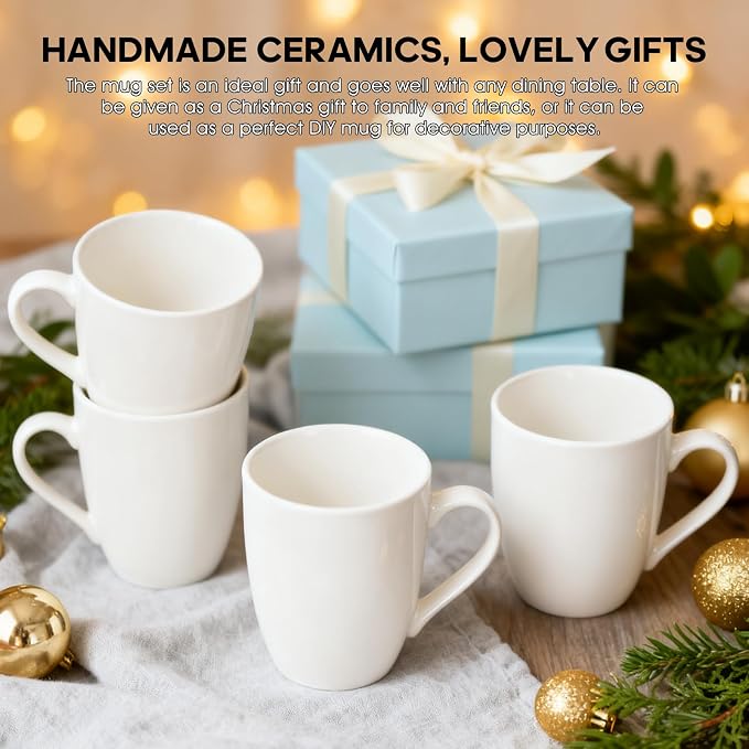 Ceramic Coffee Mugs Set of 4, 12 OZ, White | Porcelain, With Handle, Dishwasher Safe, Microwave Safe, Hot Tea, Americano, Mocha, Milk, Latte