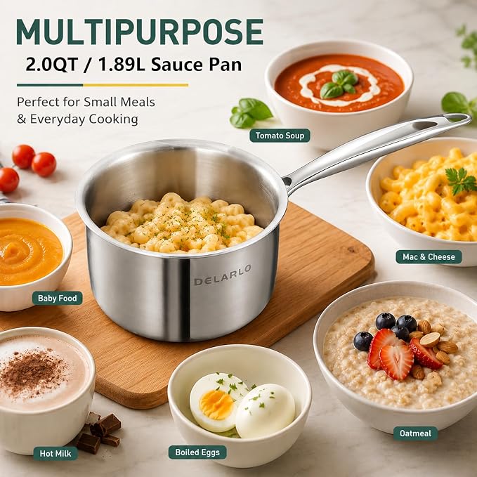 DELARLO Full-body Clad Tri-ply Stainless Steel 2 Quart Saucepan with Lid | Small Stainless Steel Pot Induction Cooking Sauce Pot Pan, Heavy Duty Saucier Cookware, PFOA&PTFE Free