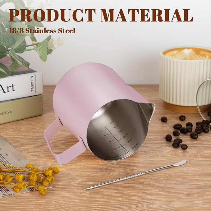 Amrules Milk Frothing Pitcher 12oz Frother Cup Barista Tools, Pink | 18/8 Stainless Steel, 12oz Capacity with Clear Scale, with Decorating Pen, Ergonomic Handle, for Cappuccino, Latte & Espresso