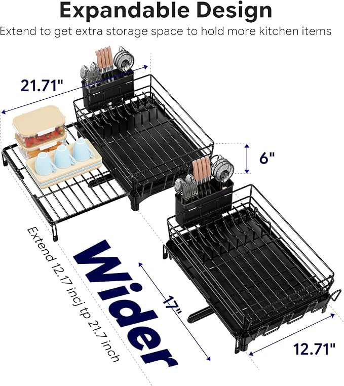 Simple Trending Dish Drying Rack - Expandable Dish Rack for Kitchen Counter, Large Capacity Dish Drainer, Stainless Steel Dish Strainer with Utensil & Cup Holders, Black