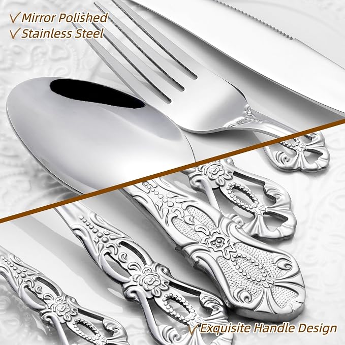 Cididu 40 Pieces Retro Royal Silverware Set for 8, Stainless Steel Flatware Set, Dishwasher Safe Dinnerware Set Including Forks Spoons and Knives, Vintage Cutlery Set for Wedding, Party and Christmas