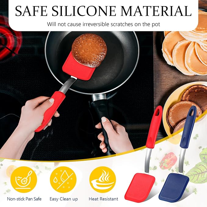 Silicone Cookie Spatula Turner 2 Pack Mini Brownie Spatula Flexible Kitchen Small Silicone Turner for Nonstick Cookware Heat Resistant No Scratch Flipper for Egg(Solid Flat,Red,Blue)