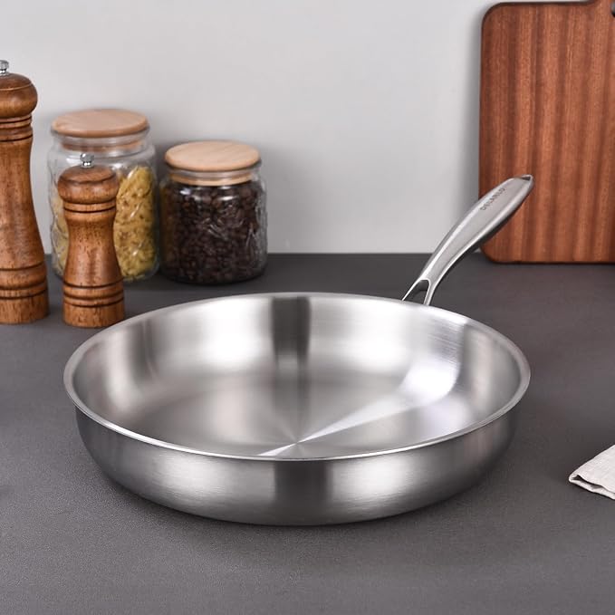 DELARLO Tri-Ply Stainless Steel Frying Pan Set 8”/10”/12”kitchen skillet | Stainless Steel Pan Cooking Heat fast and evenly Compatible with All Cooktops Dishwasher and Oven Safe