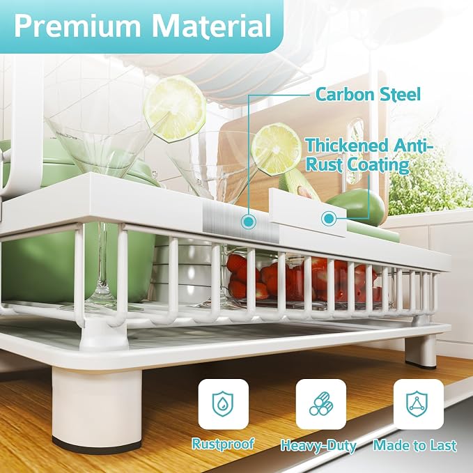 2-Tier Dish Drying Rack for Kitchen Counter, Space-Saving, White | Rustproof Carbon Steel, Auto Drain Spout, Space-Saving Dish Rack with Drainboard, Utensil & Cup Holders, Countertop Organizer