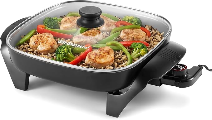 Elite Gourmet Ceralast PFAS-Free Ceramic Electric Skillet, 1200W, Dark Gray | Dishwasher Safe, Rapid Heat-Up Coating, 12"x12" Cooking Surface, Non-Stick for Everyday Meals - 2.15" Deep Design