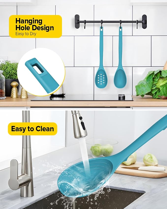 Pack of 2 Silicone Cooking Spoons, Non Stick Solid Kitchen Spoon with Measuring Marks & Back Hooks, Heat Resistant Silicone Slotted Spoon for Cooking, Mixing, Stirring,Serving (BLUE)