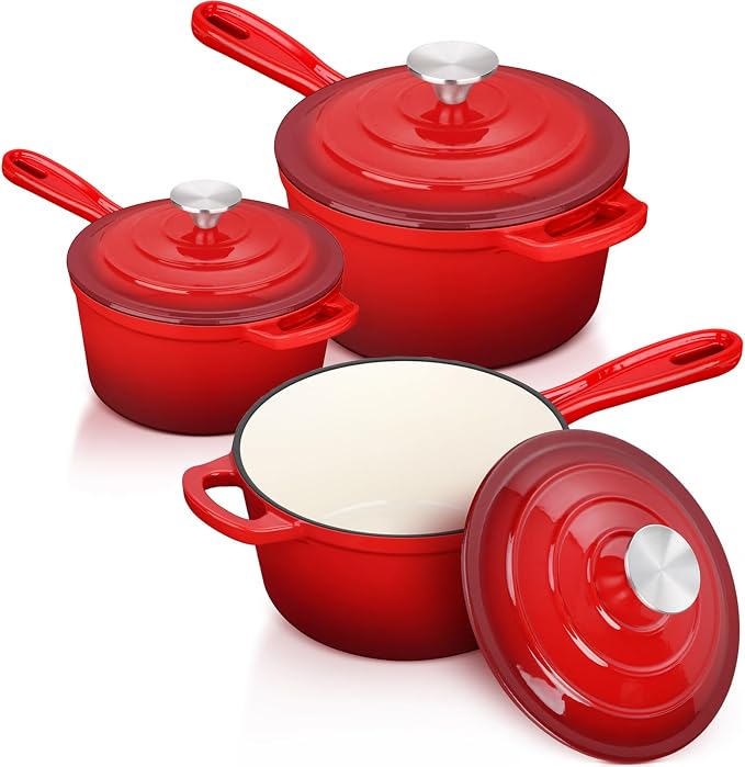 Leonyo 1&2&3Qt Enamel Cast Iron Saucepan Set, Dutch Oven Cookware Kit, Red | For All Cooktops Cooking Pasta, Milk, Oatmeal - Up to 500°F & Nonstick