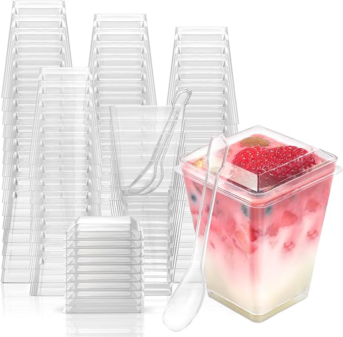 EASERCY 100 Pack 5 oz Plastic Dessert Cups with Lids, Yogurt Parfait/Appetizer Cup with Lids for Party, Mini Dessert Cups with Spoons Dessert Shooter Cups for Pudding, Fruit and Ice Cream