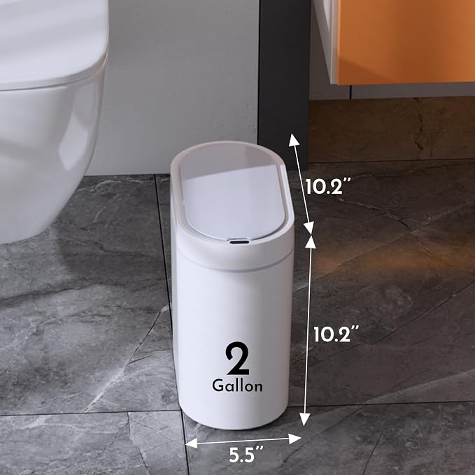 SYNCVIBE Bathroom Trash Can with Lid, 2 Gallon Slim Smart Garbage Can White | Motion Sensor Wastebasket, Narrow Automatic Plastic Trash Bin for Bedroom, Living room, Toilet, Office