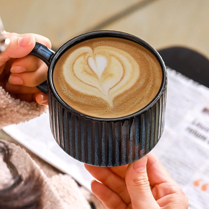 HASENSE 15 Oz Ribbed Stackable Coffee Mug Set of 4, Ceramic Latte Cups with Metal Stand, Dishwasher & Microwave Safe, Navy Blue for Cappuccino Tea Hot Cocoa