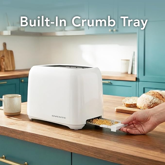 OVENTE Electric 2 Slice Toaster Machine 6-Shade Setting, White TP2210WGY | Compact Design and Removable Crumb Tray, 700W Power Perfect for Toasting Bread, Thin Bagels and Waffles