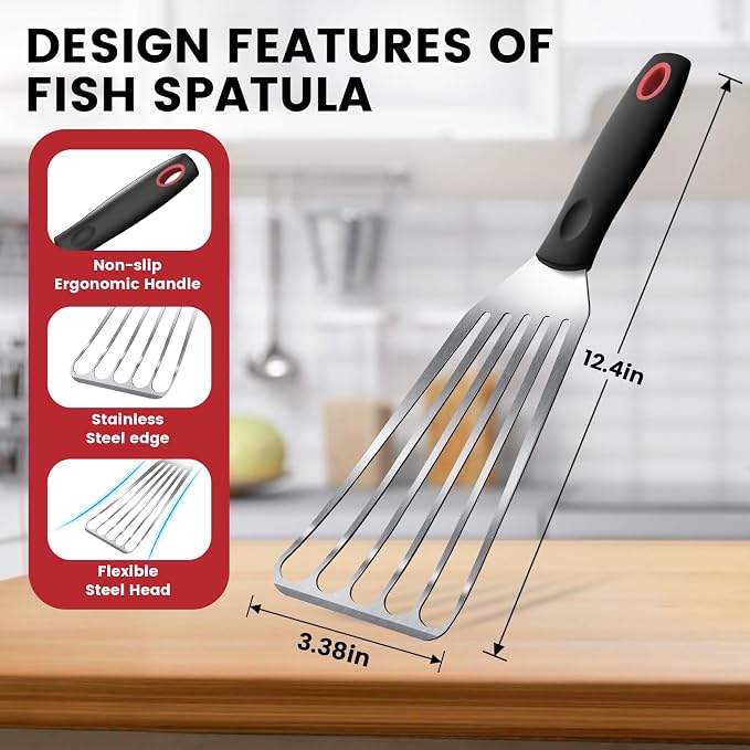 Stainless Steel Fish Spatula, Flexible and Thin Edge, Fish Turner for Kitchen Use, Slotted Mental Spatula with Heat Resistant Silicone Handle