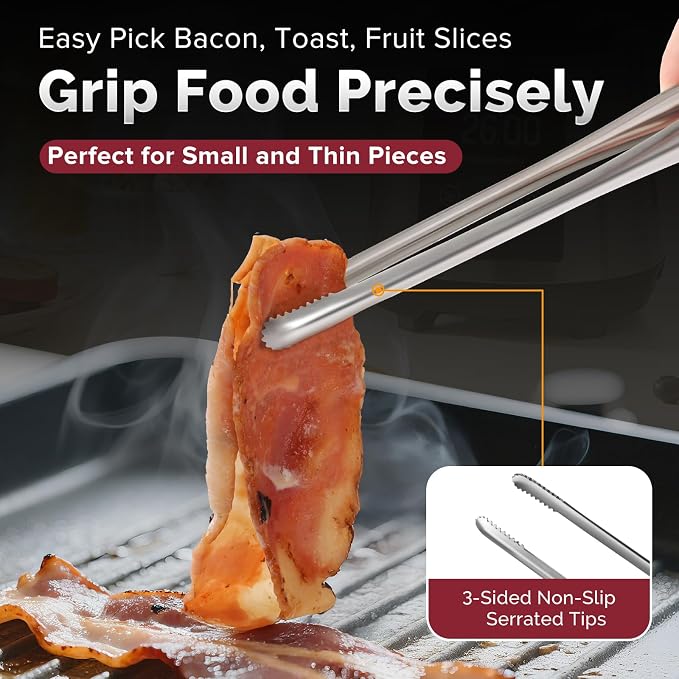 Precise Serrated Non-Slip Tips Cooking Tongs 2 Set (11.5" & 13.5") | Durable 18/8 Stainless Steel Metal Tweezers Tongs, Lightweight Easy Control for Frying, Plating, BBQ, Easy to Care & Clean