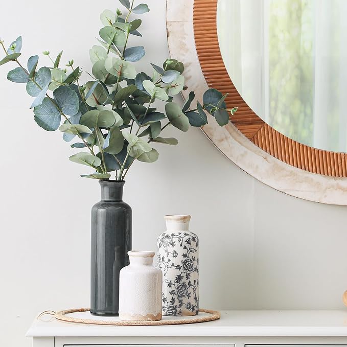 Ceramic Vintage Vase Set of 3, Vintage Flower Vases Home Decor Chinoiserie Decorative Retro Floral Vase Rustic Farmhouse Decor for Table Bookshelf Mantel Kitchen Living Room Office - Gray