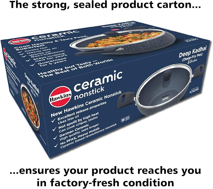 HAWKINS Ceramic Nonstick 2.5 Litre Deep Kadhai, Induction Deep Fry Pan with Glass Lid, Granite Kadai (ICK25G)