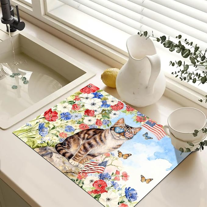 HOMETITUTE Spring Stove Top Cover 28x20 Cat Floral Watercolor Heat Resistant