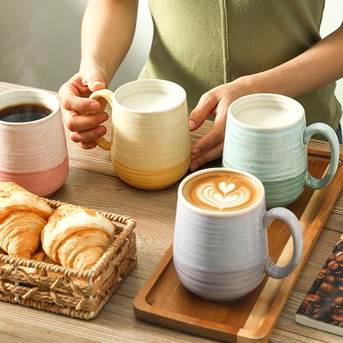 HASENSE 15oz Coffee Mugs Set of 4, Ceramic Coffee Cups with Handle for Tea, Cocoa, Latte, Milk, Porcelain Large Coffee Mugs for Kitchen, Coffee Bar, Rainbow