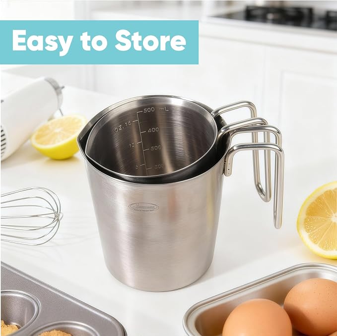 Newness 2-Pack Stainless Steel Measuring Cups Set, Metal Measuring Cup | (3 Marking Including Cup/ML/Oz Scale)(2 & 3 Cup) Metal Measuring Cup with Handle For Prepping, Baking and Cooking, Dishwasher