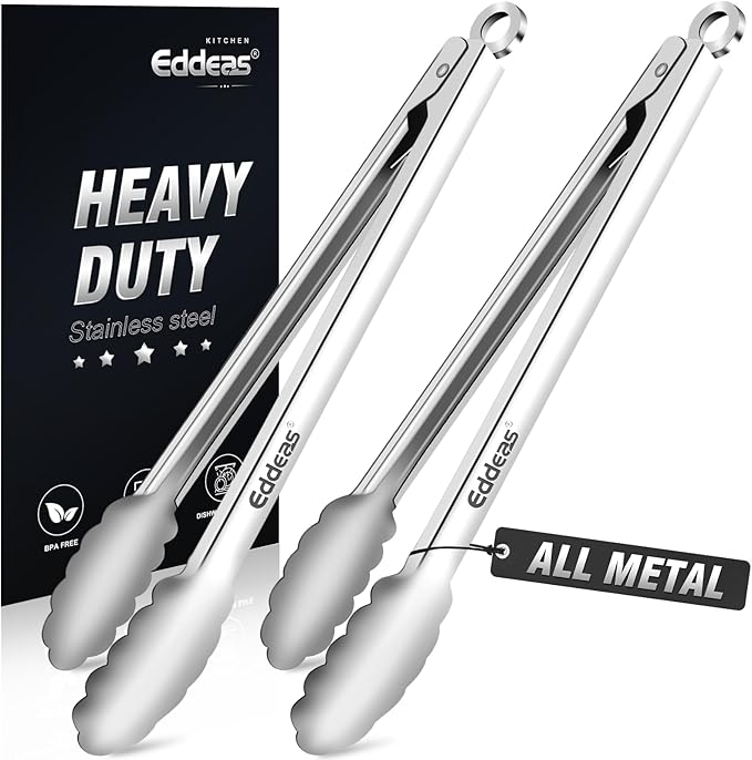 2 PCS 12 Inch Tongs for Cooking Heavy Duty All Metal Kitchen Tongs | Heat Resistant 600 Degree, All Stainless Steel Food Tongs,Non-Slip handle, Salad, Grilling, bbq, Dishwasher safe