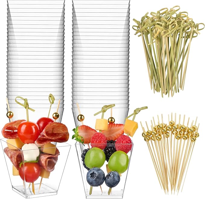 50 Sets 7 oz Plastic Charcuterie Cups with 200 Sticks, Square Appetizer Cup with Cocktail Picks Mini Party Serving Cups for Fruit, Snack, Dessert