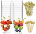 50 Sets 7 oz Plastic Charcuterie Cups with 200 Sticks, Square Appetizer Cup with Cocktail Picks Mini Party Serving Cups for Fruit, Snack, Dessert